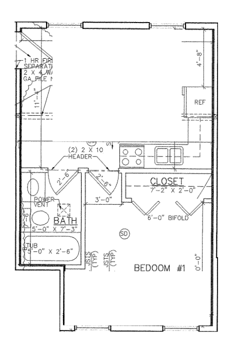 Floor plan for 1 bed, 1 bath, 300 sqft